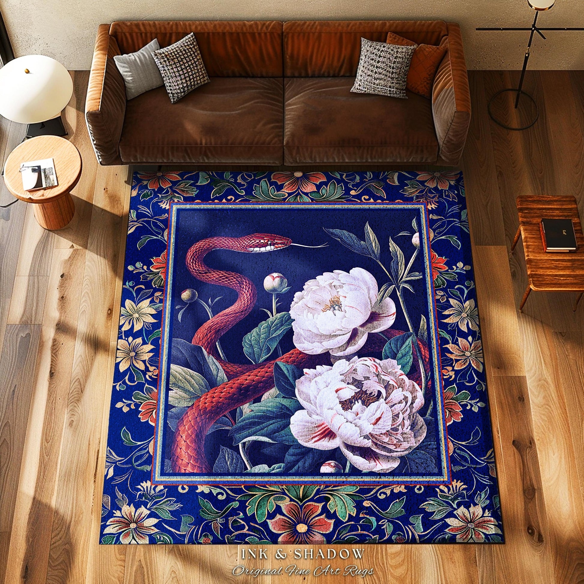 Moody Dark Botanical Serpent Enchanted Floral Rug Exotic Gothic Aesthetic, Ethereal Woodland Snake Victorian Art Nouveau Midnight Blue Decor