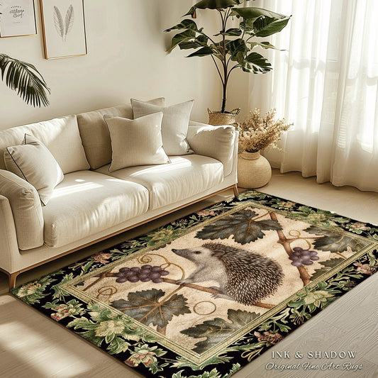 Mystic Botanical Hedgehog Rug | Whimsical Woodland Victorian Accent Rug Cozy Book Nook Cottagecore Rustic Bedroom Gift for Hedgehog Lover |