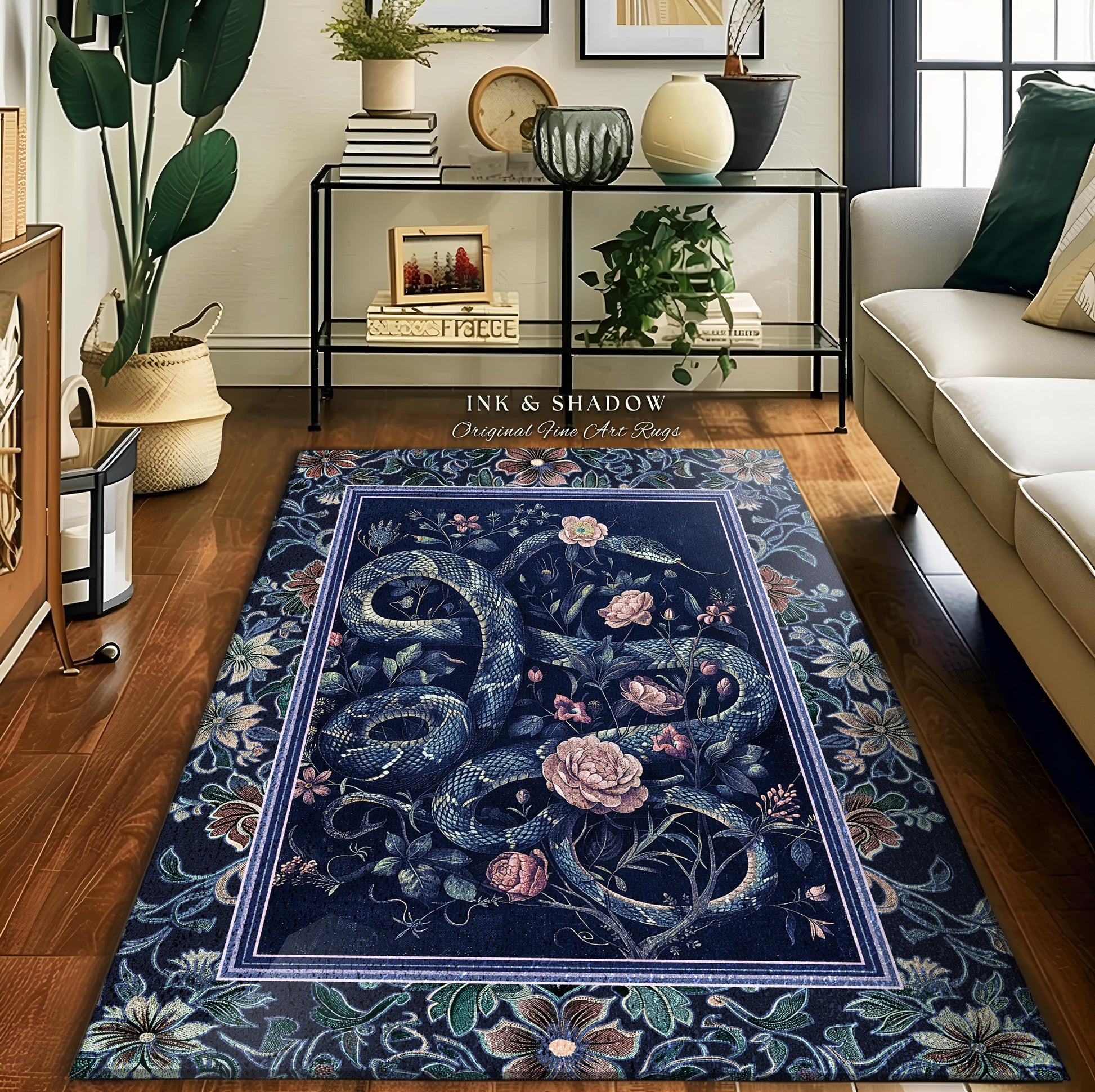 Midnight Blue Dark Floral Serpent Rug Whimsical Vintage Botanical Snake Fairycore | Victorian Gothic Mystic Macabre Art Enchanted Forestcore