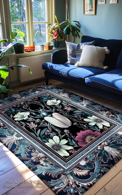 Victorian Gothic Scarab Beetle Rug Enchanted Dark Botanical | Whimsigothic Floral Art Nouveau Fairycore Cottagegoth Indigo Blue Insect Decor