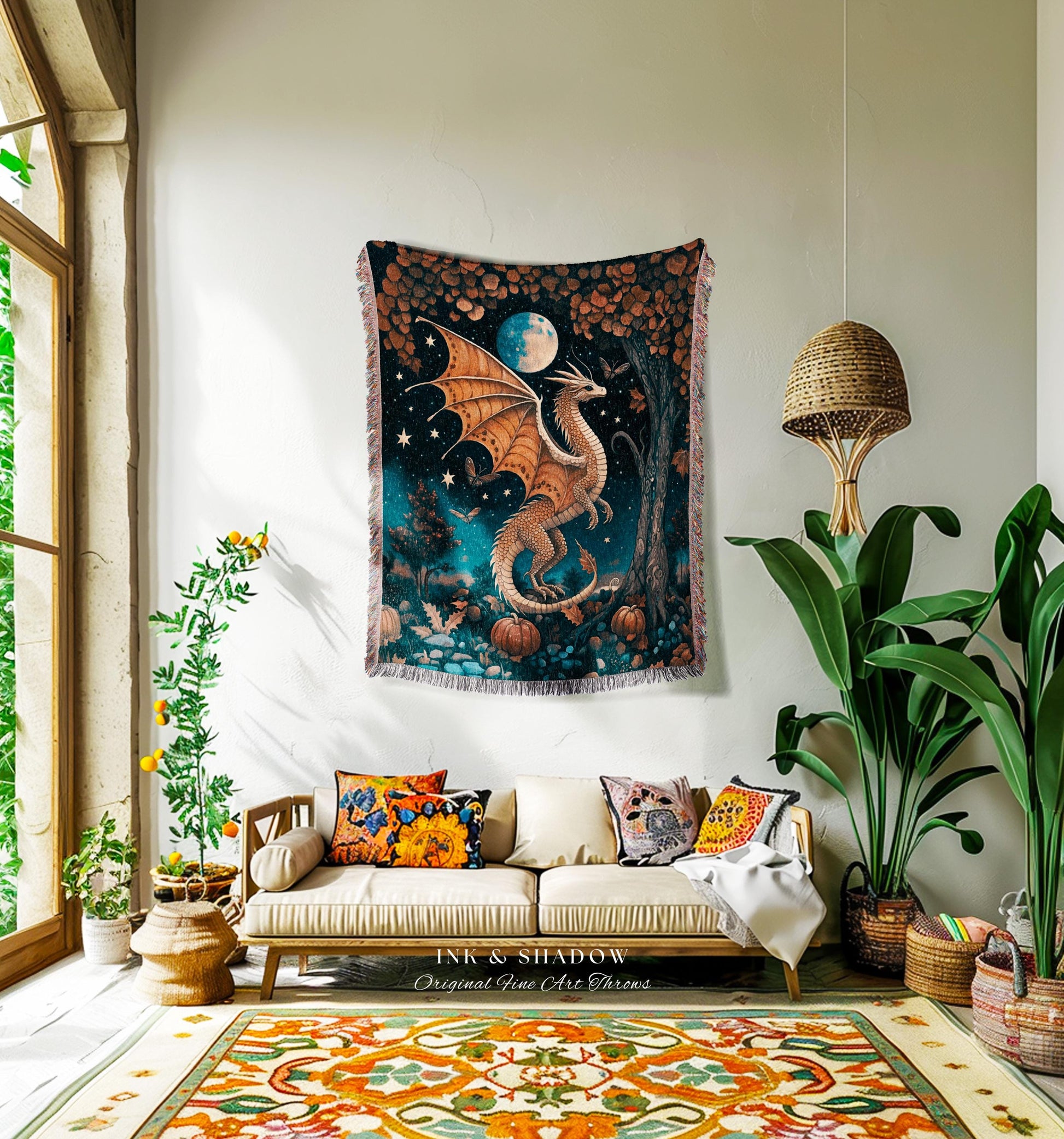 Whimsigothic Harvest Moon Magical Dragon Blanket Fairytale Nocturnal Decor | Enchanted Autumn Night Celestial Fantasy Art Tapestry Throw