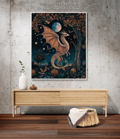 Whimsigothic Harvest Moon Magical Dragon Blanket Fairytale Nocturnal Decor | Enchanted Autumn Night Celestial Fantasy Art Tapestry Throw