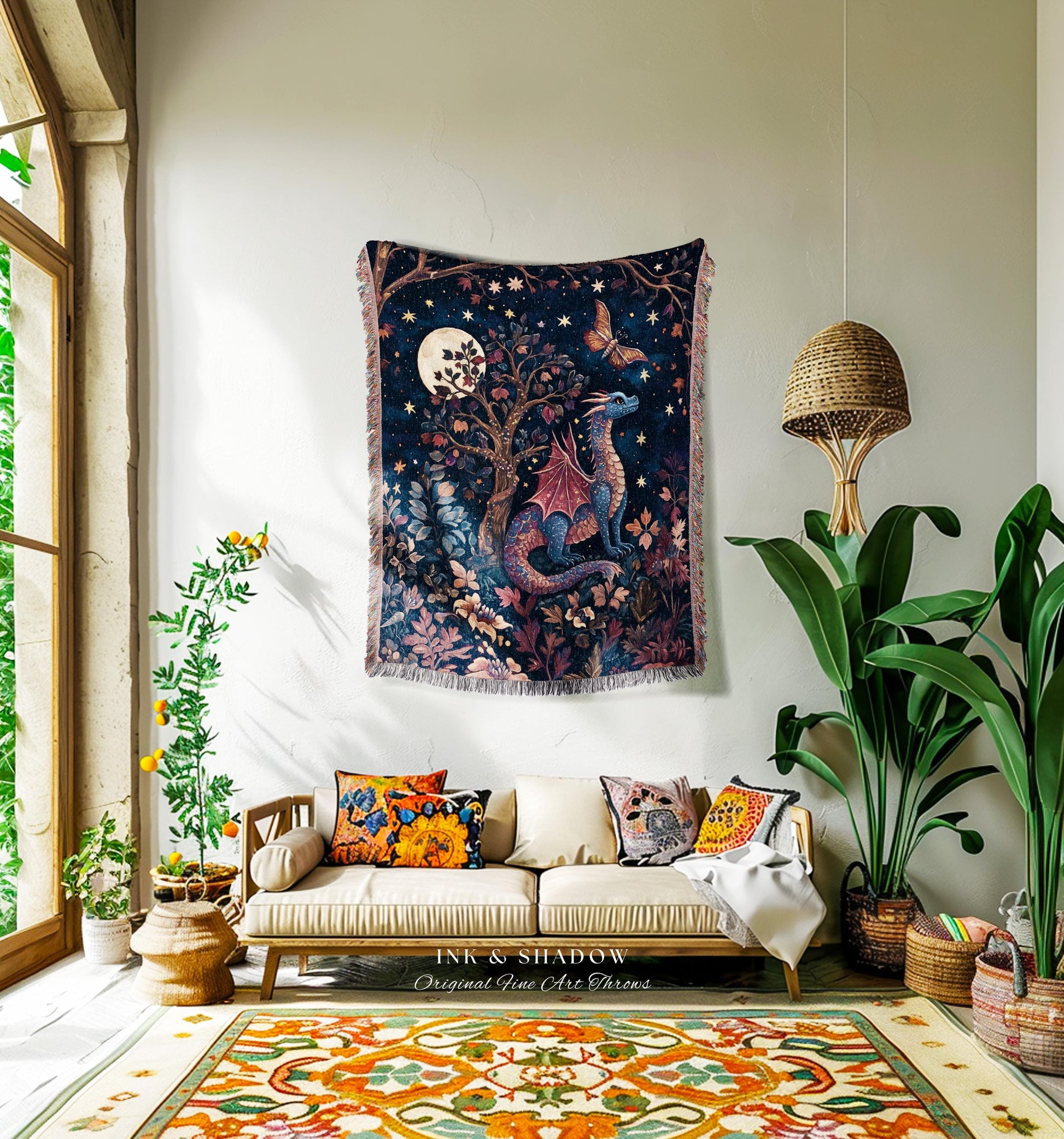 Mystical Night Sky Dragon Blanket Enchanted Woodland Decor | Moonlit Forest Whimsigothic Tapestry Throw Celestial Dark Academia Fantasy Art