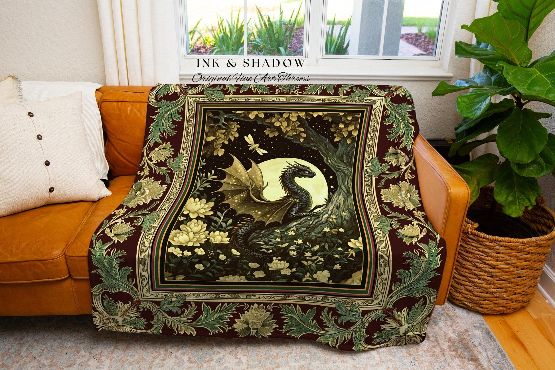 Woodland Gothic Dragon Blanket Mystical Forest Green Full Moon Celestial Magic Fantasy Art | Whimsigothic Enchanted Fairytale Tapestry Throw