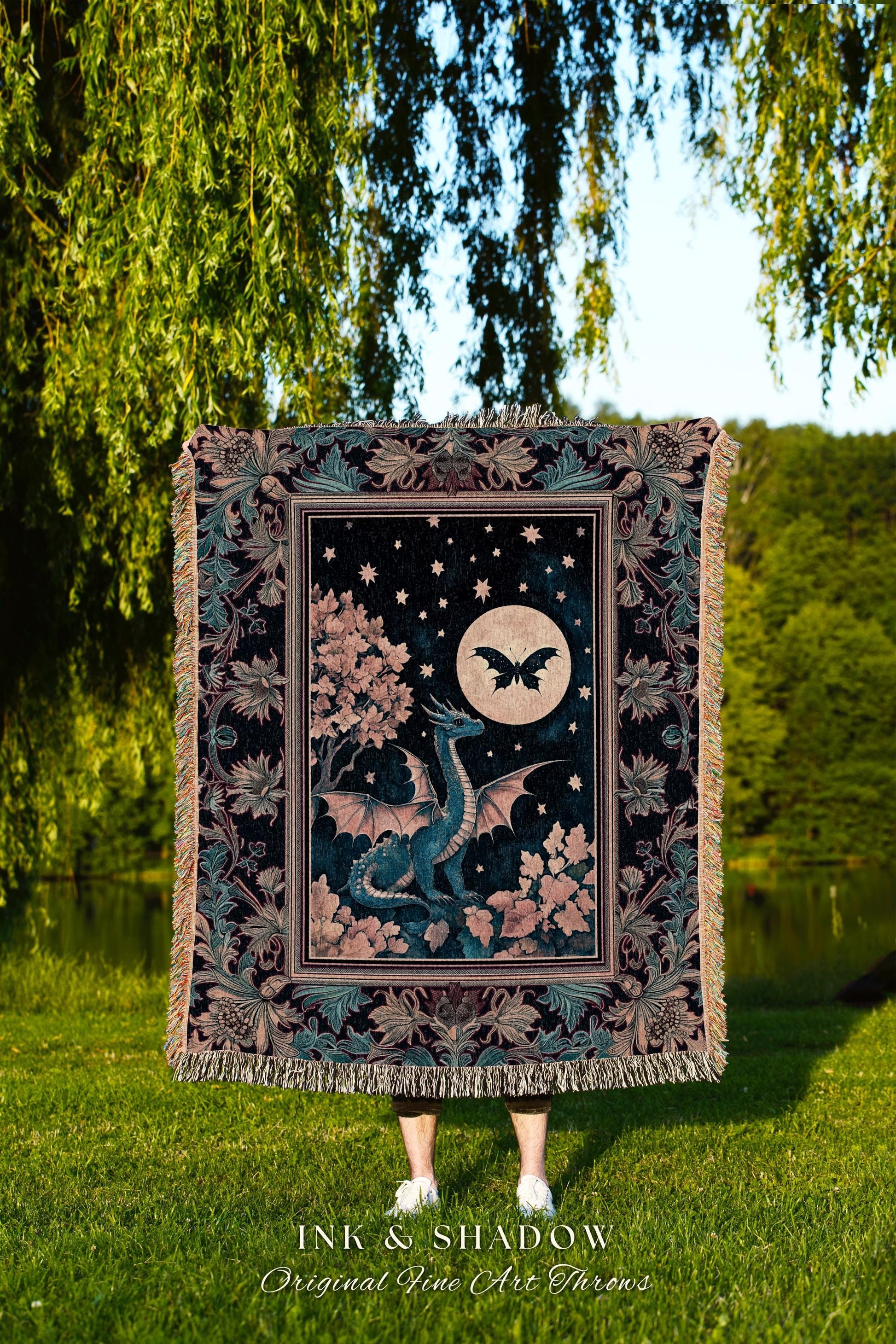 Enchanted Fall Forest Celestial Dragon Throw Whimsical Starry Night Throw | Magical Woodland Goblincore Mystical Moon Fairytale Ethereal Art