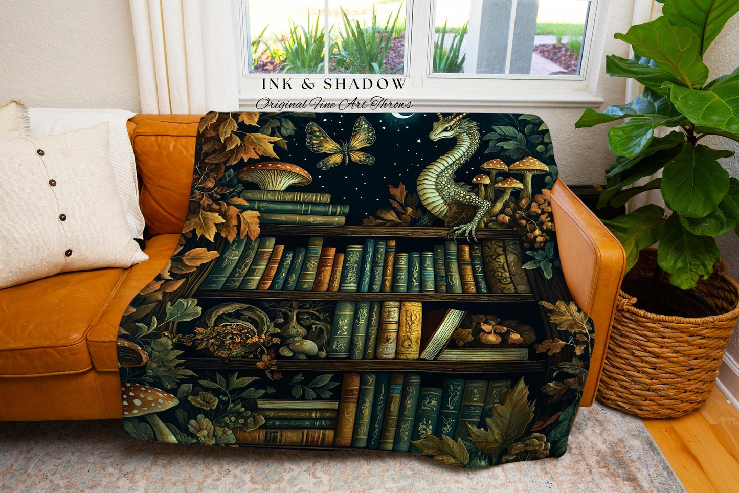 Whimsical Fantasy Bookshelf Enchanted Forest Fairycore Dragon Blanket | Romantic Academia Woodland Fairytale Tapestry Throw Bookish Bedding