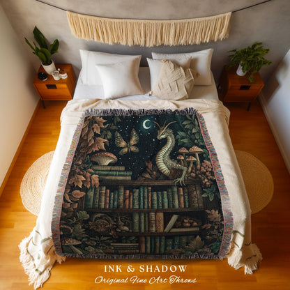 Whimsical Fantasy Bookshelf Enchanted Forest Fairycore Dragon Blanket | Romantic Academia Woodland Fairytale Tapestry Throw Bookish Bedding