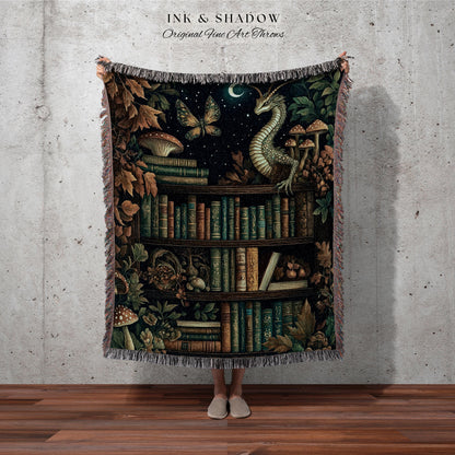 Whimsical Fantasy Bookshelf Enchanted Forest Fairycore Dragon Blanket | Romantic Academia Woodland Fairytale Tapestry Throw Bookish Bedding