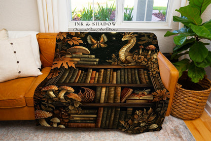 Vintage Dragon Bookshelf Blanket Whimsical Dark Academia Tapestry Throw, Enchanted Forest Mushroom Cottagecore Fairytale Literary Accent Art