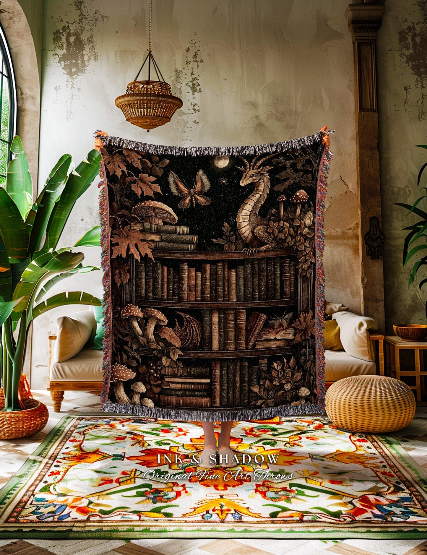 Vintage Dragon Bookshelf Blanket Whimsical Dark Academia Tapestry Throw, Enchanted Forest Mushroom Cottagecore Fairytale Literary Accent Art