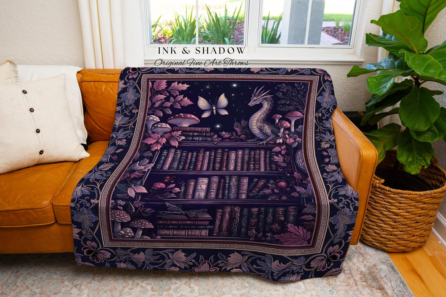 Fairytale Books & Dragon Blanket Mystical Cottagecore Purple Throw | Whimsical Witchy Reading Nook Tapestry Enchanted Victorian Academia Art