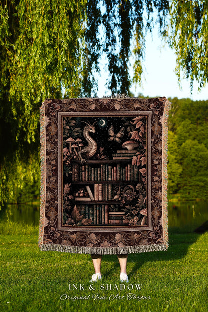 Rust Burnt Orange Woodland Book Nook Magical Dragon Throw Cozy Academia Decor | Goblincore Vintage Folklore Bookshelf Art Tapestry Blanket