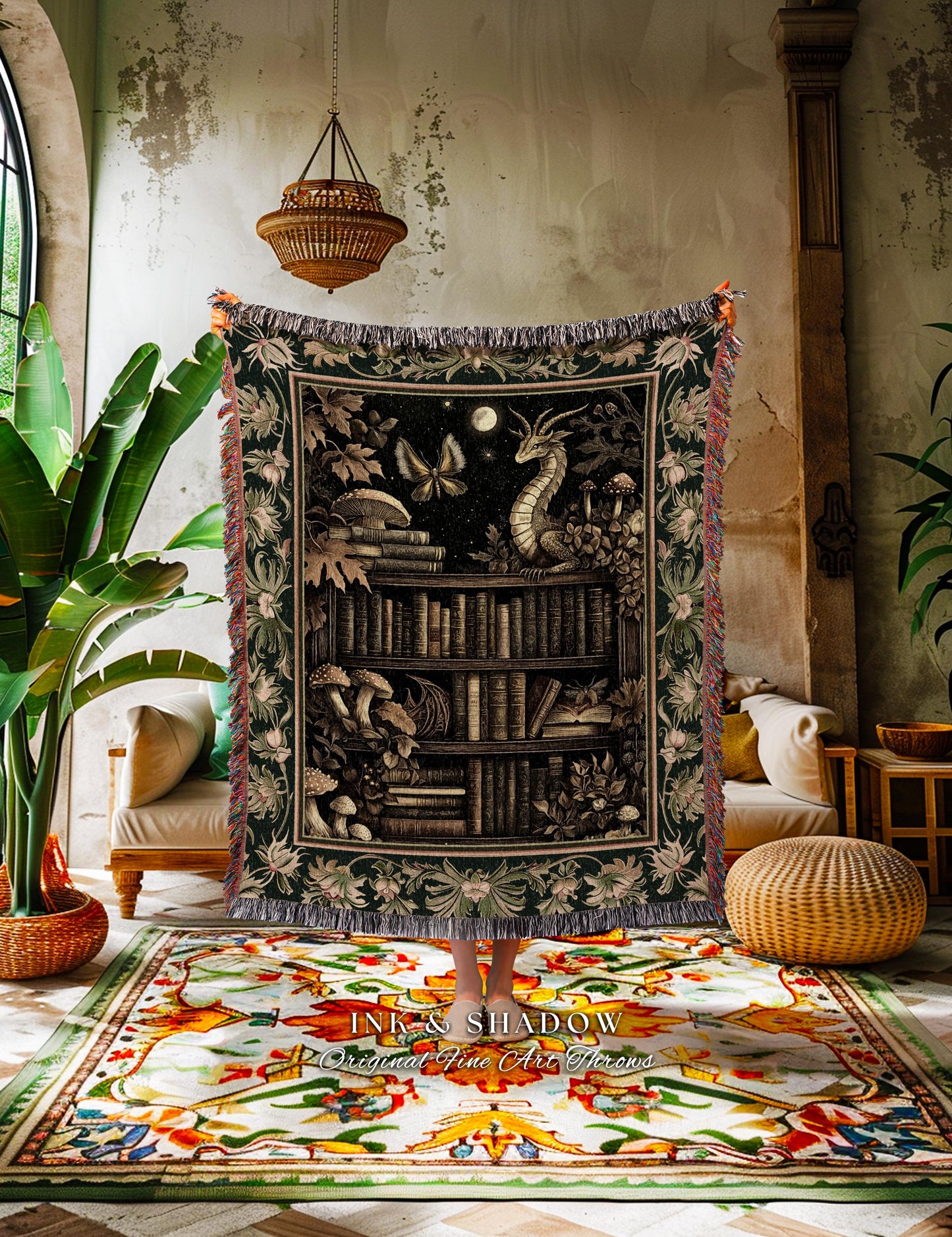 Enchanted Library Dragon Tapestry Blanket Mystical Dark Academia Bookshelf Fantasy Throw | Vintage Gothic Cottagecore Bookish Reading Nook