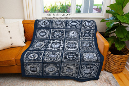 Victorian Aesthetic Pumpkin Tapestry | Rustic Blue Halloween Wall Decor Woven Throw Fall Vibes Cozy Accent Blanket Autumn Decor for Home |