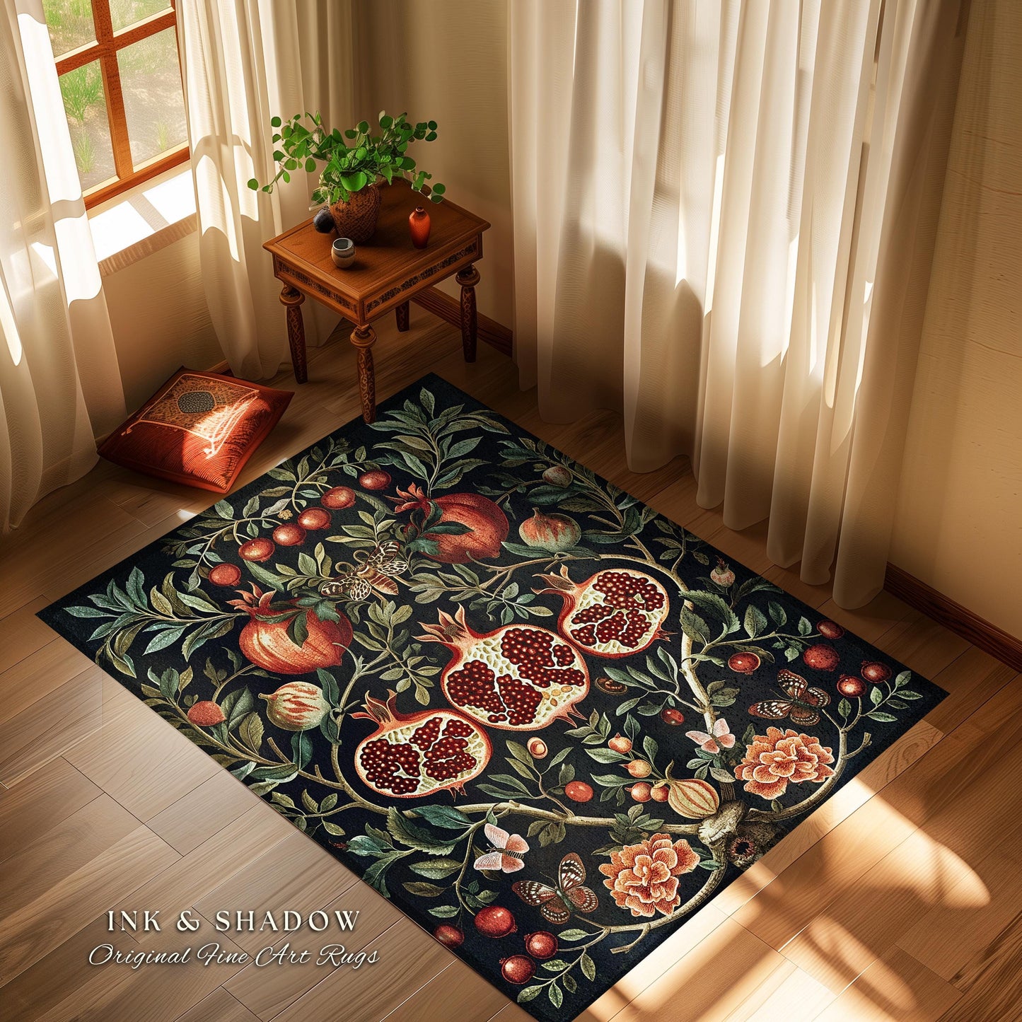 Botanical Pomegranate Enchanted Floral Whimsigothic Rug | Dark Academia Woodland Gothic Vintage Butterfly Moth Art Cottagegoth Occult Decor