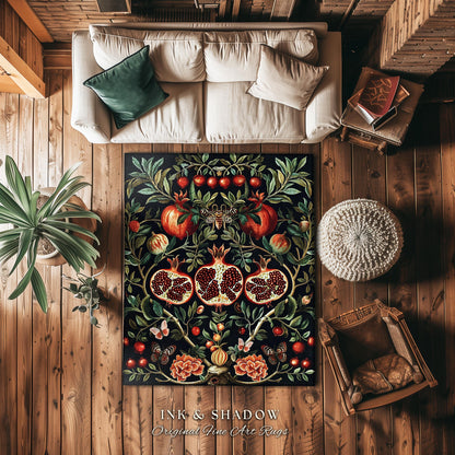 Botanical Pomegranate Enchanted Floral Whimsigothic Rug | Dark Academia Woodland Gothic Vintage Butterfly Moth Art Cottagegoth Occult Decor