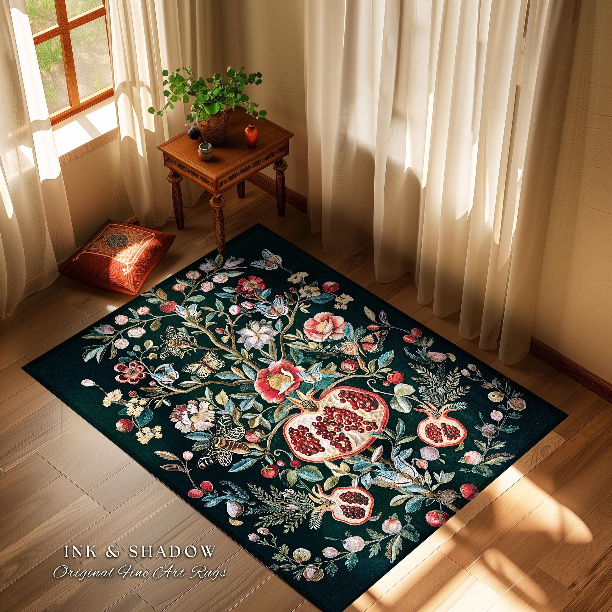 Fairycore Floral Pomegranate Whimsigoth Rug Enchanted Forest Moth Butterfly Decor | Whimsical Cottagecore Vintage Botanical Woodland Whimsy