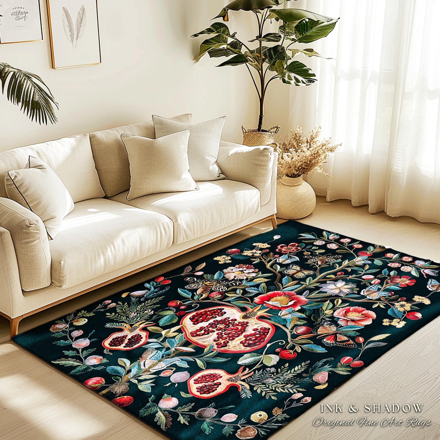 Fairycore Floral Pomegranate Whimsigoth Rug Enchanted Forest Moth Butterfly Decor | Whimsical Cottagecore Vintage Botanical Woodland Whimsy