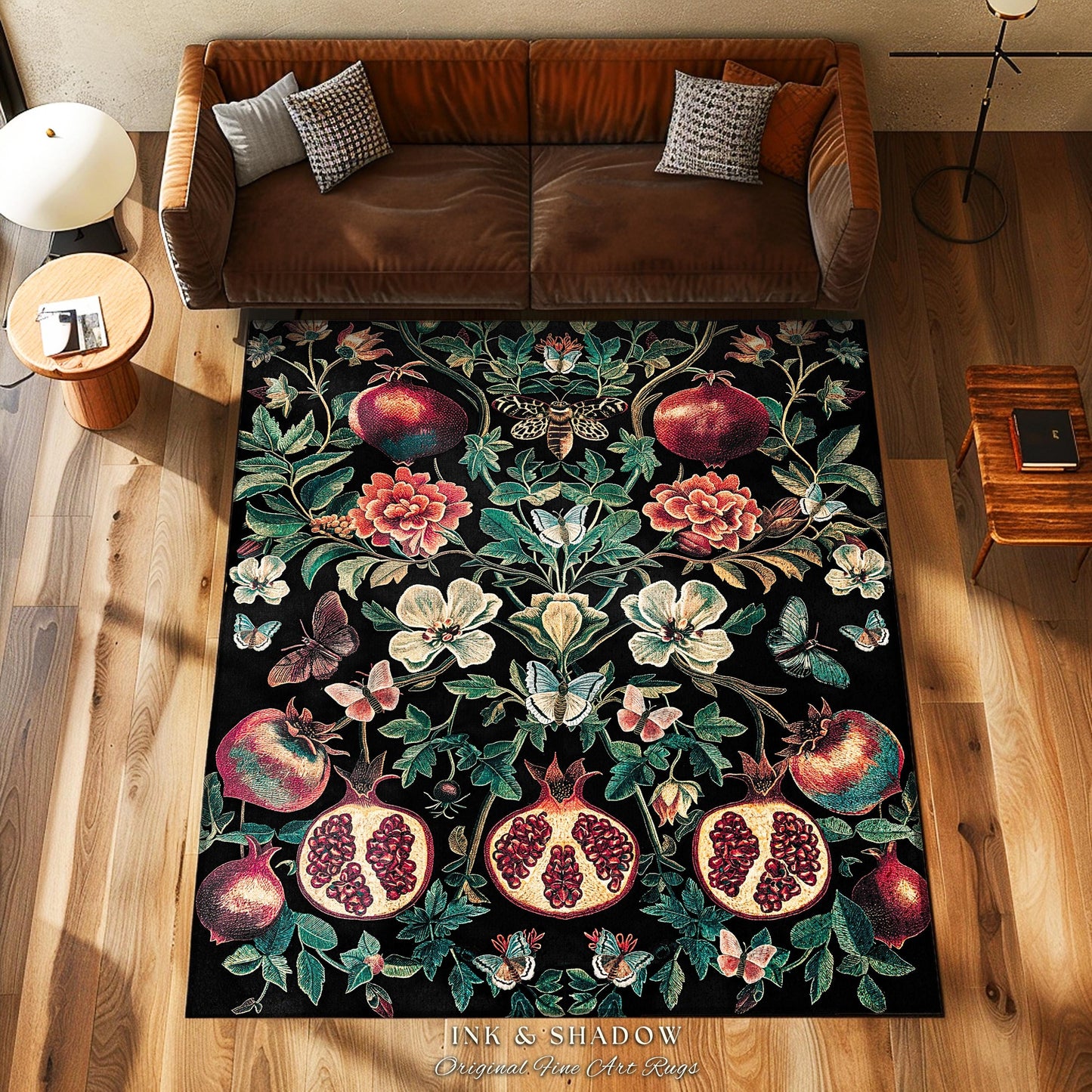 Ethereal Pomegranate Floral Forestcore Rug Enchanted Woodland Gothic Decor | Baroque Inspired Dark Academia Moth Butterfly Fairycore Art Rug