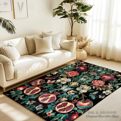 Ethereal Pomegranate Floral Forestcore Rug Enchanted Woodland Gothic Decor | Baroque Inspired Dark Academia Moth Butterfly Fairycore Art Rug