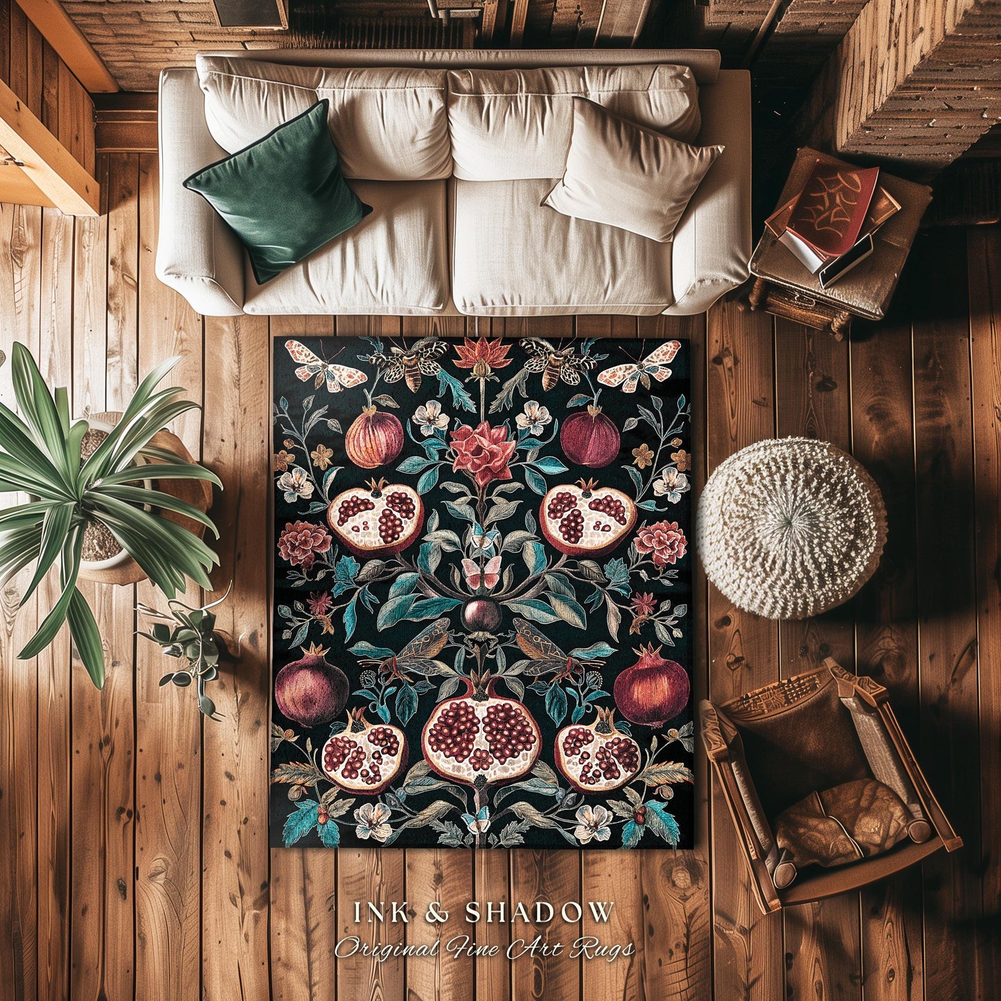 Woodland Gothic Pomegranate Botanical Rug Enchanted Forest Nature Butterfly Decor, Romantic Baroque Whimsical Forestcore Floral Cottagecore