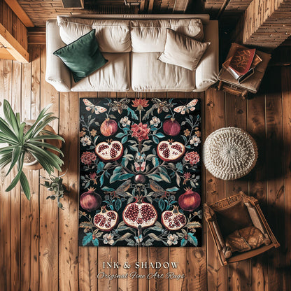 Woodland Gothic Pomegranate Botanical Rug Enchanted Forest Nature Butterfly Decor, Romantic Baroque Whimsical Forestcore Floral Cottagecore