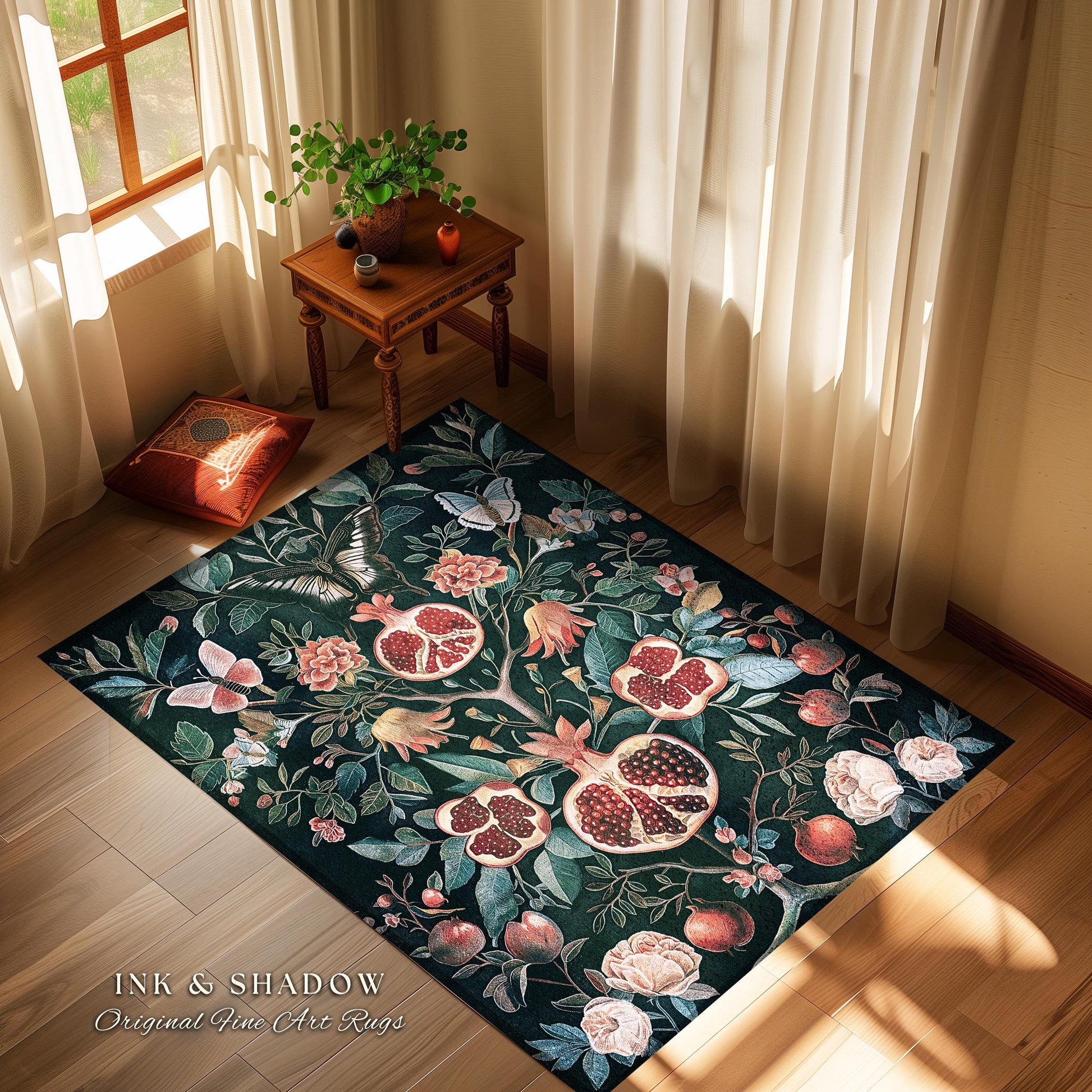 Vintage Pomegranate Floral Whimsigoth Rug Enchanted Botanical Butterfly Home Decor | Victorian Gothic Whimsical Woodland Forestcore Design