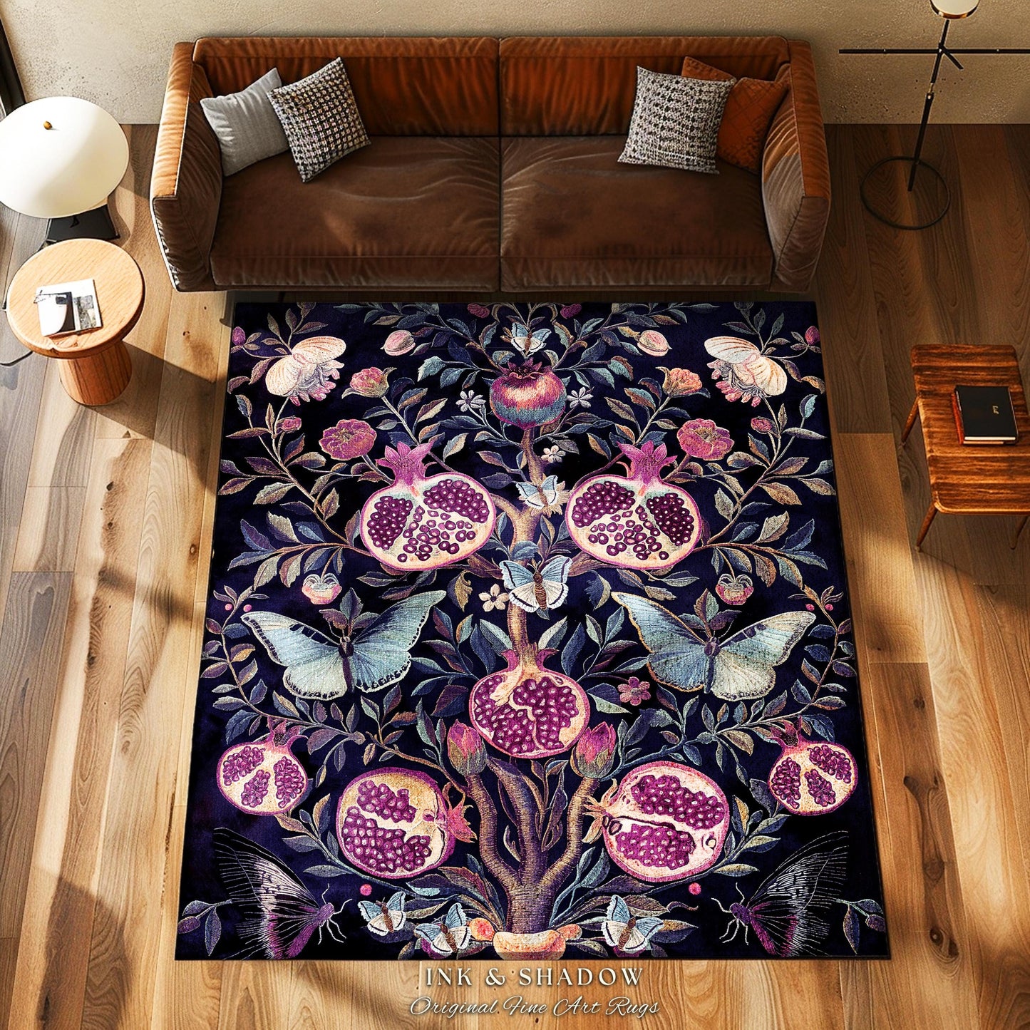 Whimsical Pomegranate Butterfly Rug Enchanted Woodland Victorian Gothic | Dark Academia Vintage Fairycore Botanical Art Ethereal Home Decor