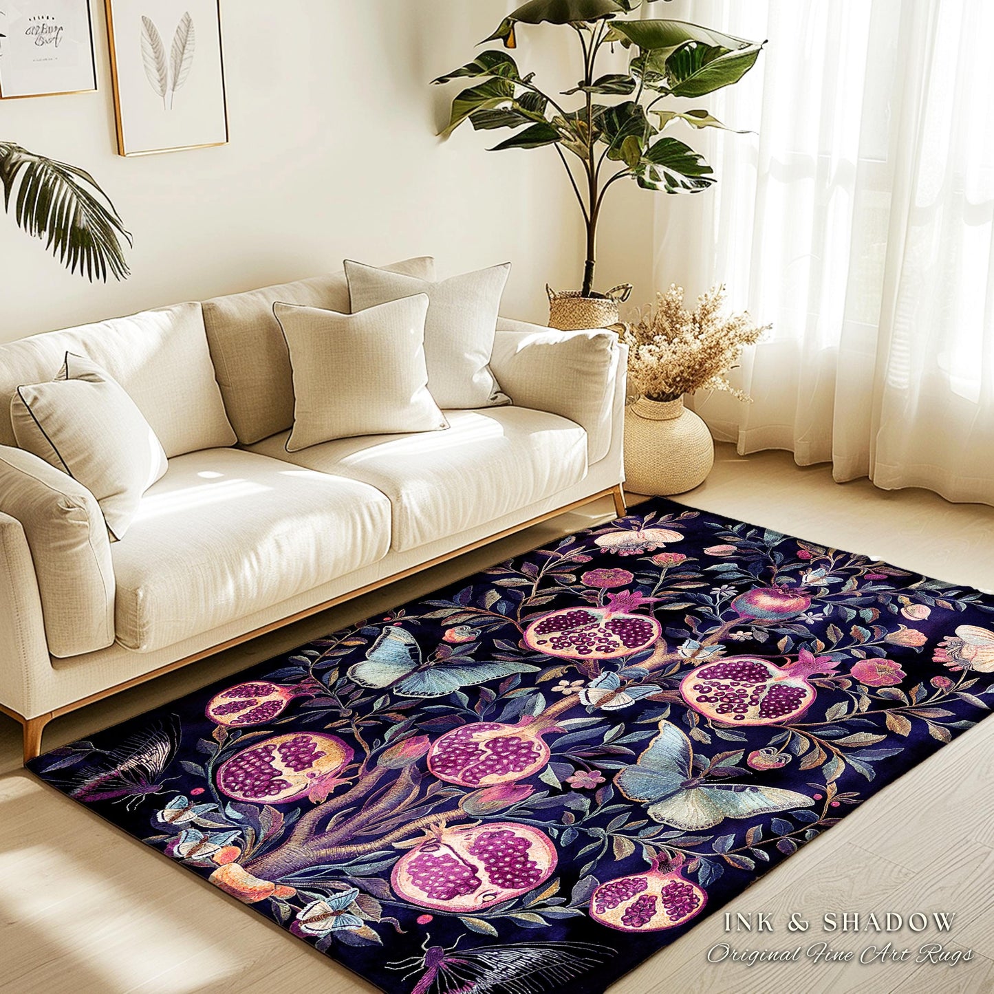 Whimsical Pomegranate Butterfly Rug Enchanted Woodland Victorian Gothic | Dark Academia Vintage Fairycore Botanical Art Ethereal Home Decor