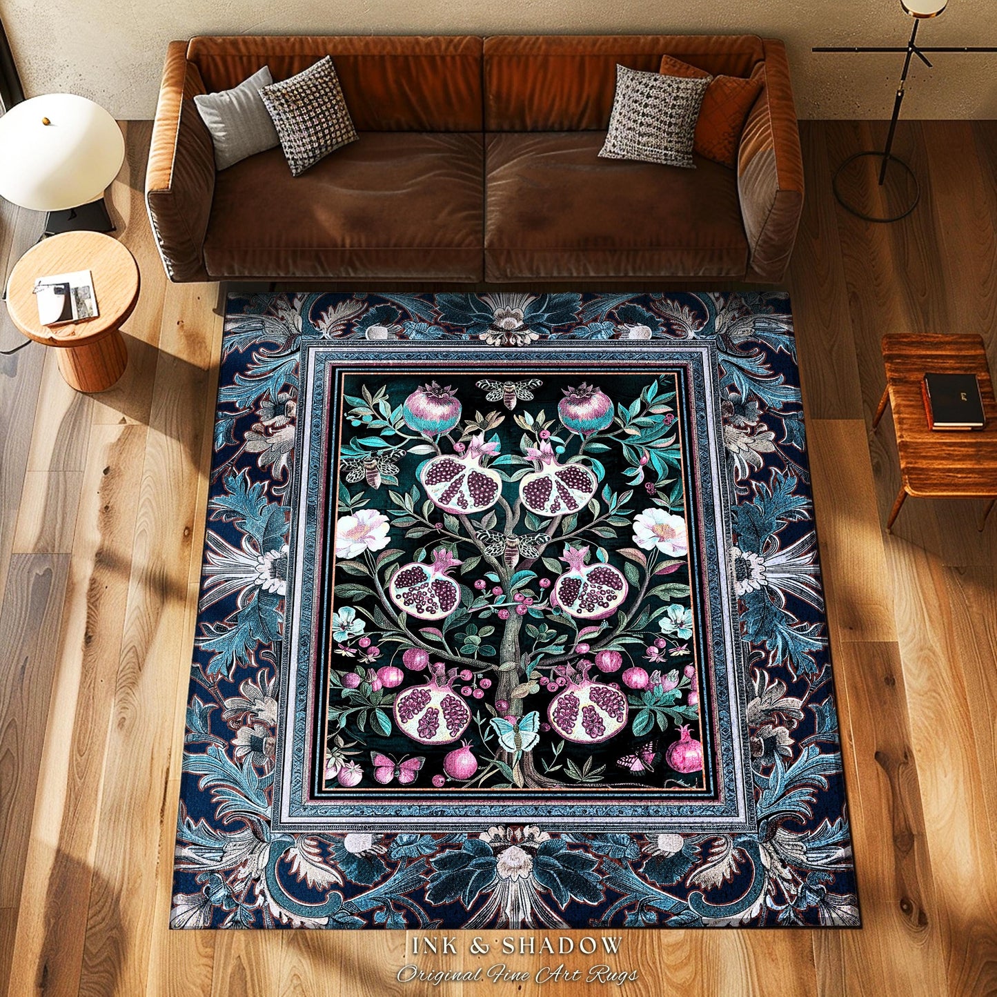 Enchanted Floral Pomegranate Rug Whimsigothic Botanical Witch Cottagecore Decor, Witchy Dark Academia Indigo Blue Forestcore Art Nouveau Rug