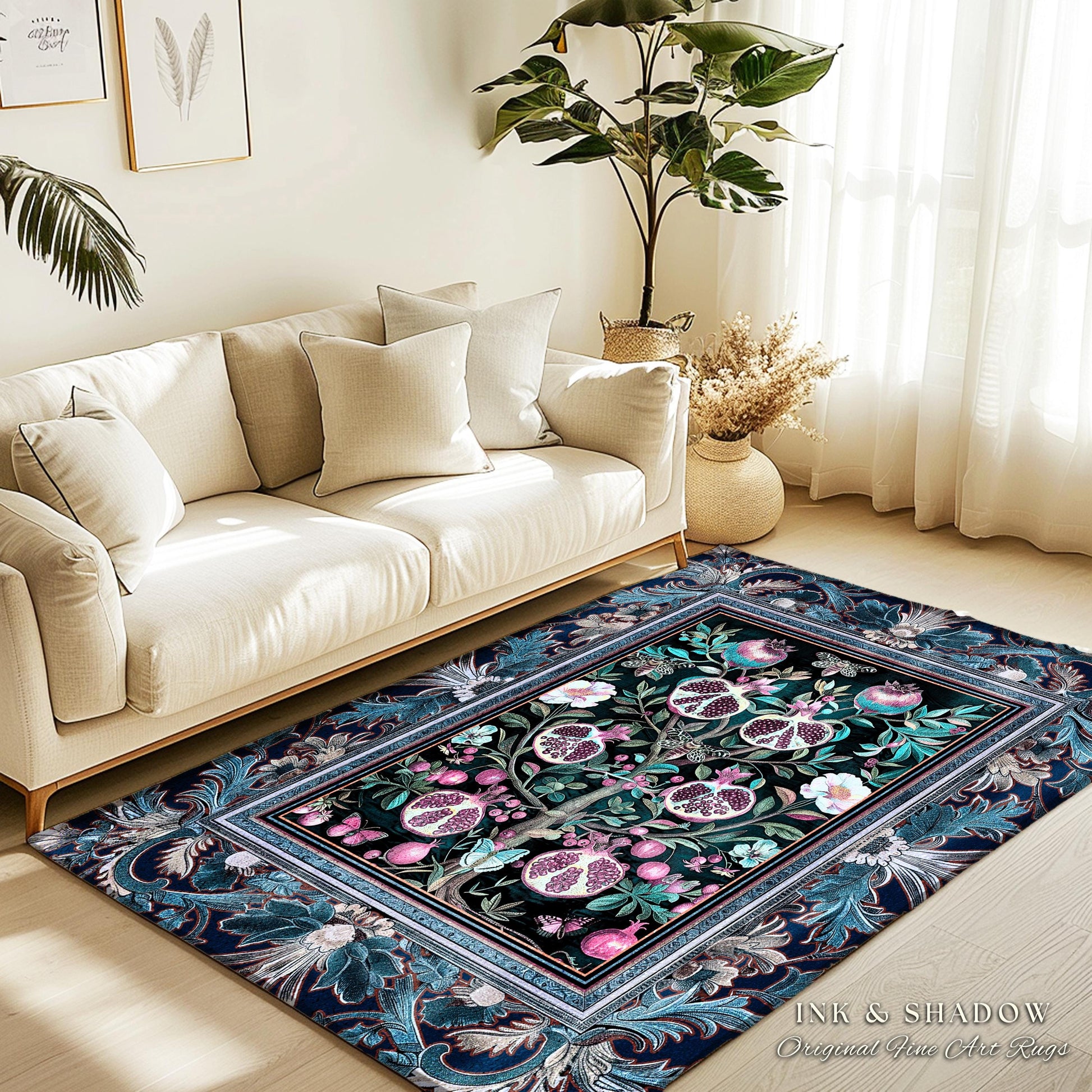 Enchanted Floral Pomegranate Rug Whimsigothic Botanical Witch Cottagecore Decor, Witchy Dark Academia Indigo Blue Forestcore Art Nouveau Rug