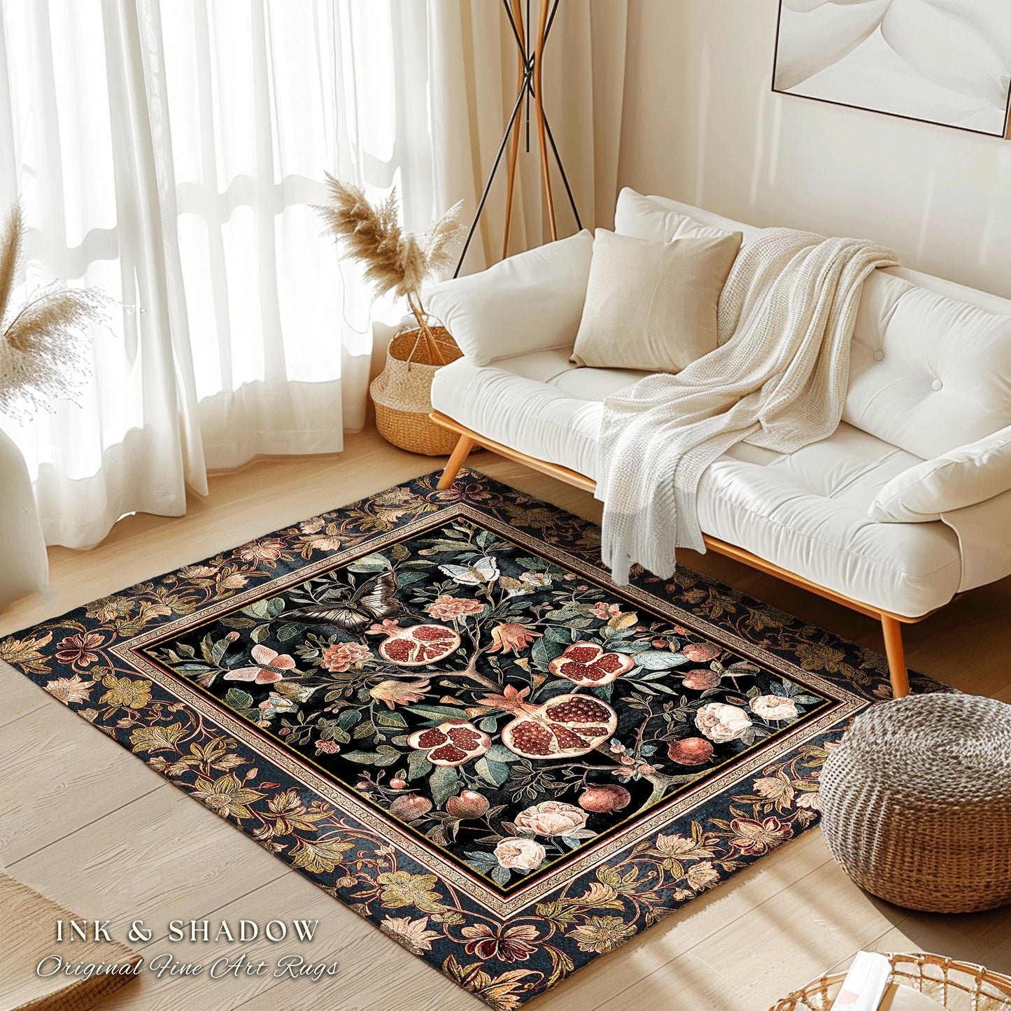 Victorian Gothic Floral Pomegranate Rug Dark Botanical Vintage Aesthetic Decor | Enchanted Forest Butterfly Moth Woodland Wildflower Art