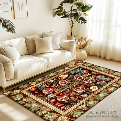 Antique Aesthetic Pomegranate Art Rug Enchanted Garden Cottagecore Decor | Gothic Woodland Whimsy Floral Butterfly Moth Vintage Fairycore