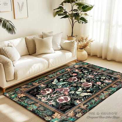 Mystical Pomegranate Forestcore Design Rug Whimsical Nature Inspired Botanical Cottagecore Decor, Vintage Woodland Gothic Forest Foliage Art