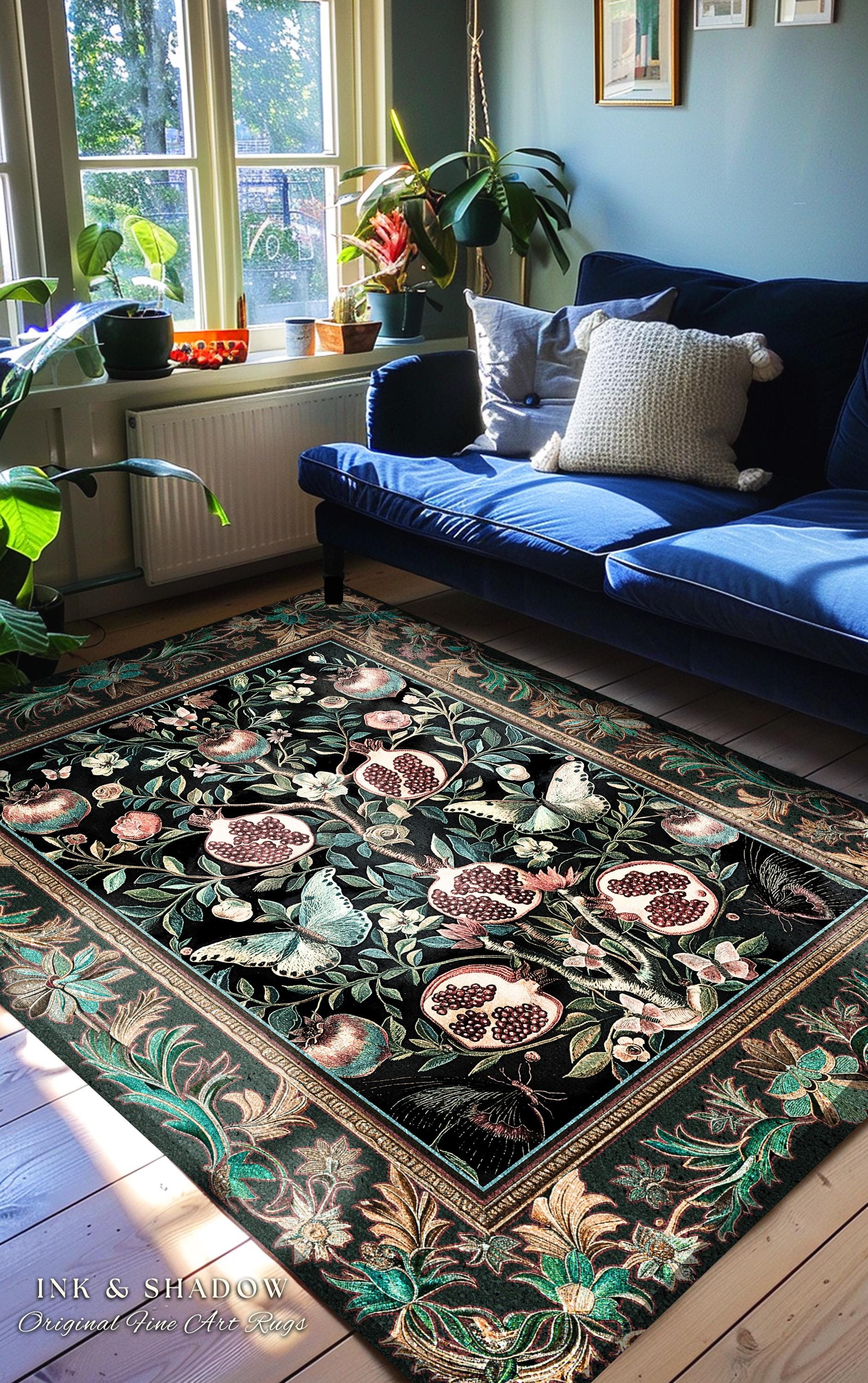 Mystical Pomegranate Forestcore Design Rug Whimsical Nature Inspired Botanical Cottagecore Decor, Vintage Woodland Gothic Forest Foliage Art