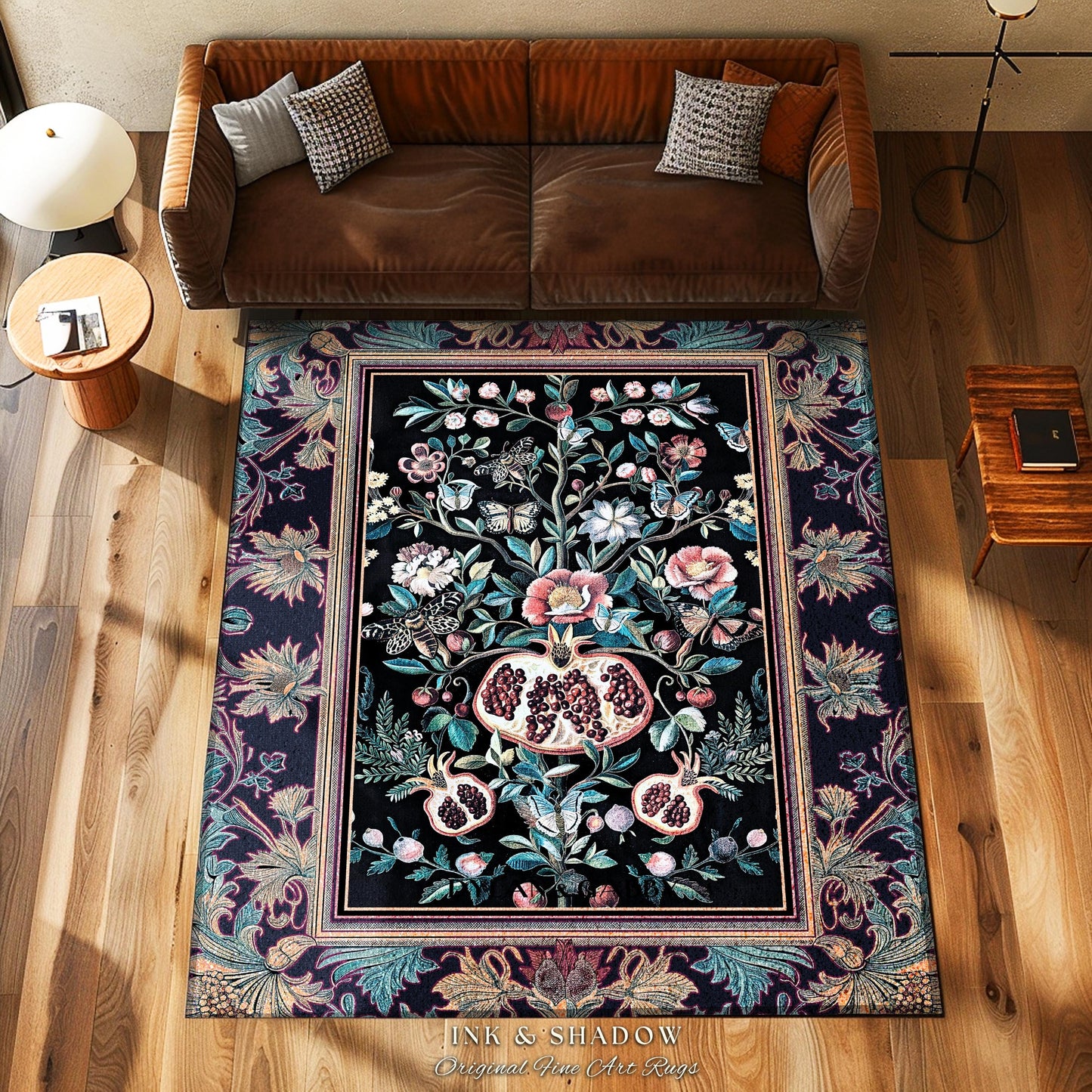 Witchy Dark Academia Pomegranate Rug Whimsigothic Floral Home Decor, Enchanted Woodland Cottagecore Botanical Victorian Gothic Nature Accent