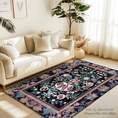 Witchy Dark Academia Pomegranate Rug Whimsigothic Floral Home Decor, Enchanted Woodland Cottagecore Botanical Victorian Gothic Nature Accent