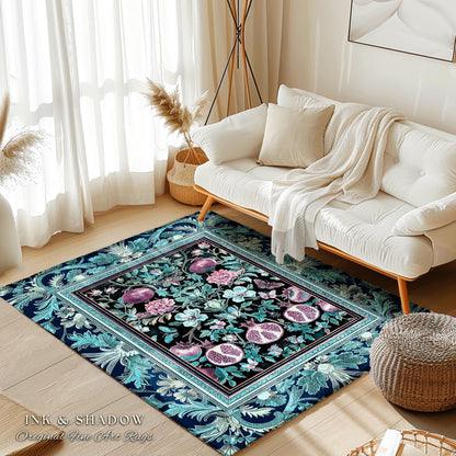 Bohemian Art Nouveau Style Mystic Fairy Grunge Forestcore Pomegranate Rug, Ethereal Woodland Floral Botanical Butterfly Cottagecore Whimsy