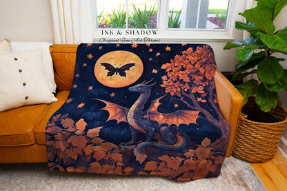 Whimsical Celestial Dragon Throw Enchanted Fall Forest Starry Night Throw | Magical Woodland Goblincore Mystical Moon Fairytale Ethereal Art