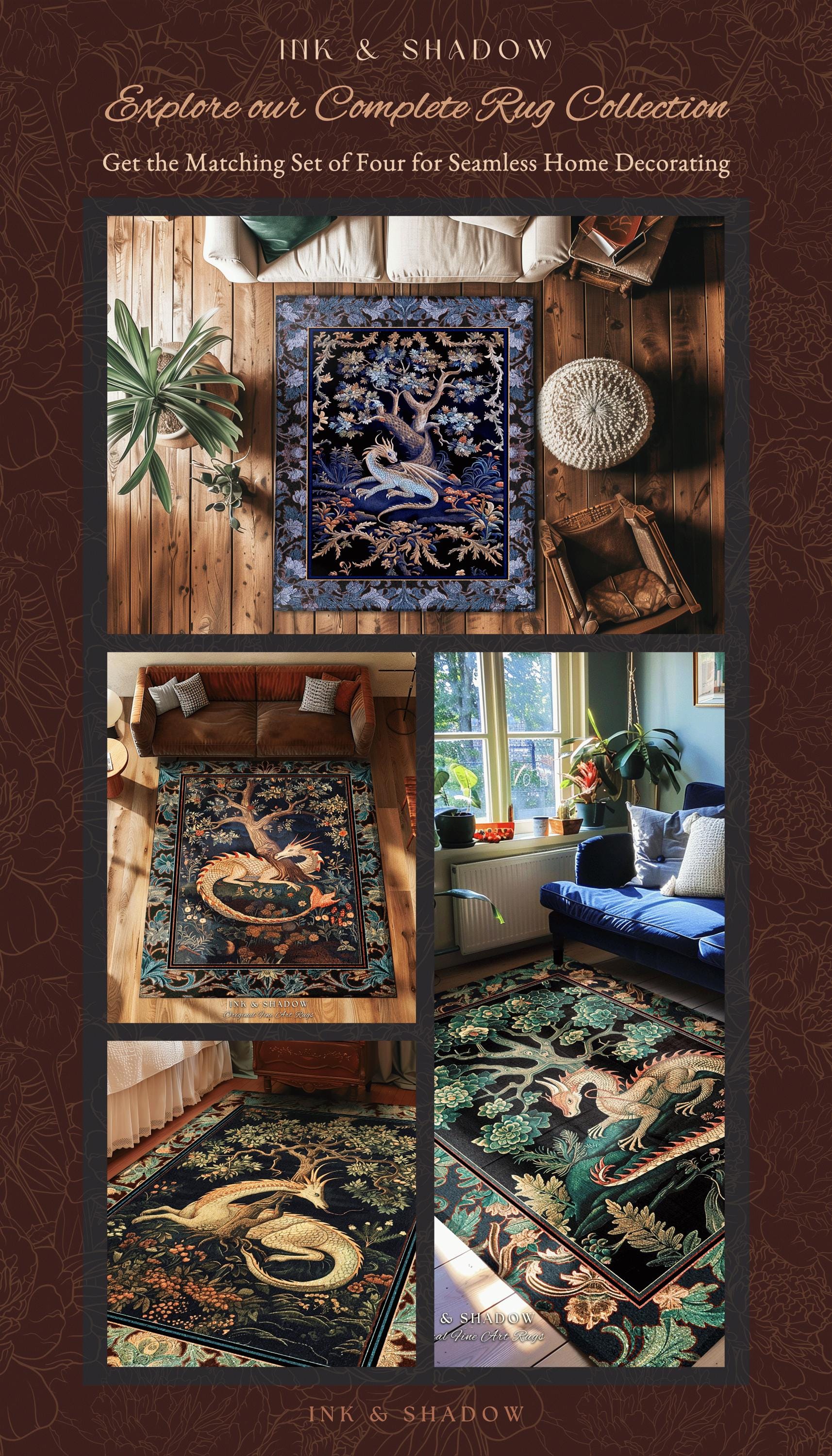 Baroque Victorian Gothic Woodland Dragon Runner Rug Floral Folklore Aesthetic | Dark Botanical Goblincore Antique Cottagecore Mythical Decor