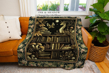 Enchanted Library Dragon Tapestry Blanket Mystical Dark Academia Bookshelf Fantasy Throw | Vintage Gothic Cottagecore Bookish Reading Nook