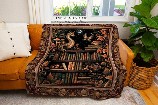 Rust Burnt Orange Woodland Book Nook Magical Dragon Throw Cozy Academia Decor | Goblincore Vintage Folklore Bookshelf Art Tapestry Blanket