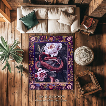 Whimsigothic Dark Floral Serpent Rug Enchanted Forest Whimsical Purple Botanical Decor | Mystical Witchy Cottagecore Moody Vintage Snake Art