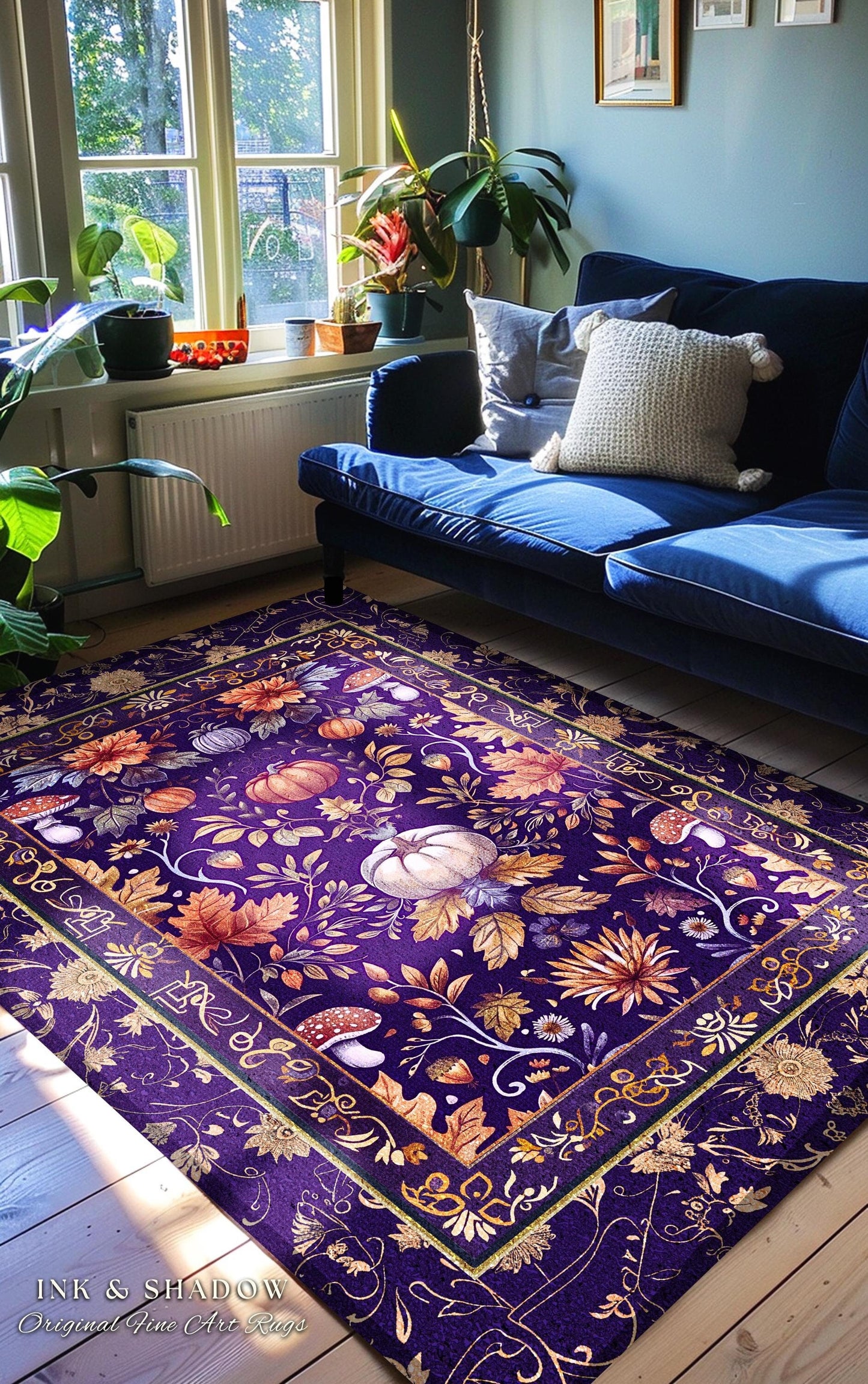 Enchanted Fall Pumpkin Decor Whimsical Floral Rug | Dark Cottagecore Moody Botanical Art Pumpkin Rug Whimsigothic Fairycore Decor Purple Rug