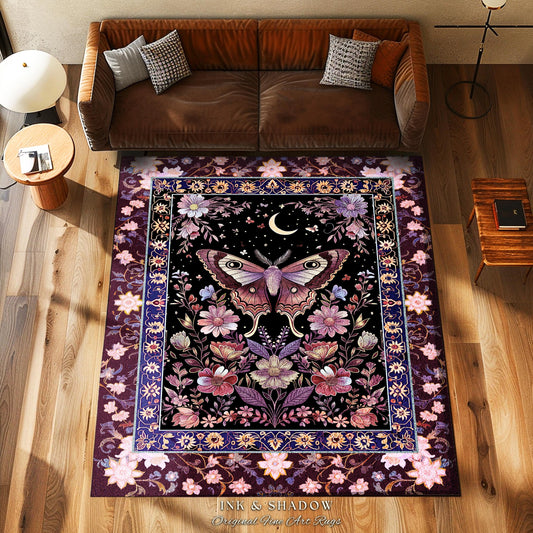 Purple Moth Celestial Rug Boho Fairycore Dark Floral Decor | Enchanted Fairy Cottagecore Butterfly Lovers Moth Moon Rug Whimsical Goth Gift