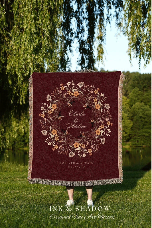 Cottagecore Wedding Tapestry | Personalized Last Name Gift Blanket Wedding Monogram Custom Anniversary His and Hers Initials Tapestry Custom