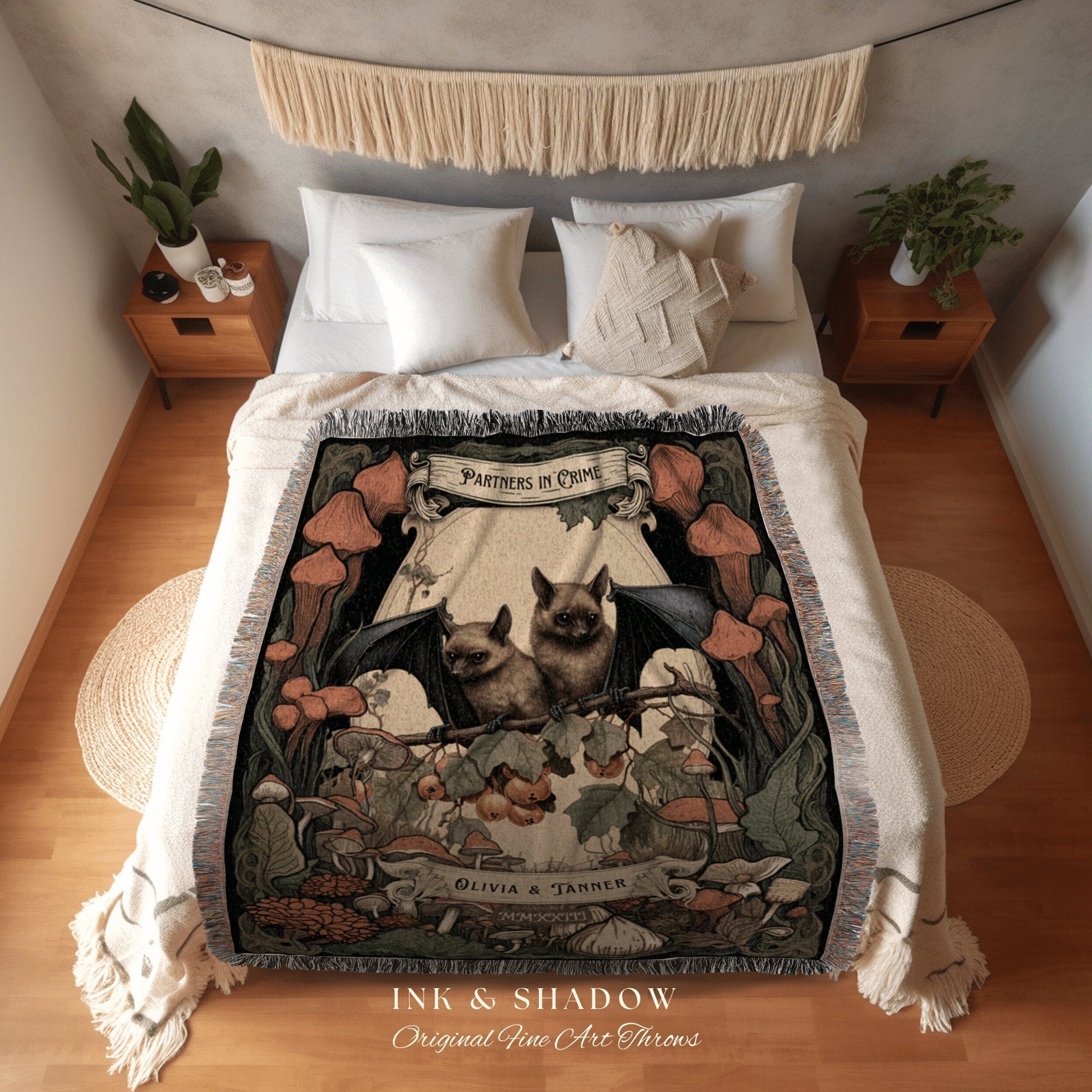 Gothic Bat Blanket Personalized | Couples Anniversary Gift Gothic Wedding Custom Blanket Gift for Goth Couples Bat Blanket Dark Cottagecore