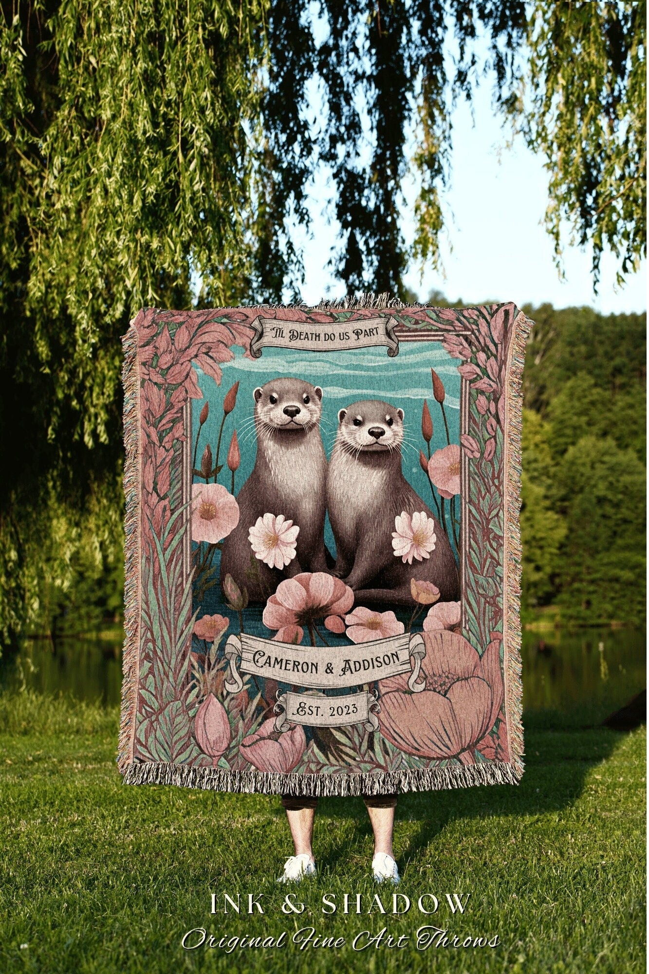 Otter Lovers Custom Blanket Crushed Velvet Personalized Anniversary Gift for Couple Otter Couple Name Tapestry Cottagecore Wedding Blanket