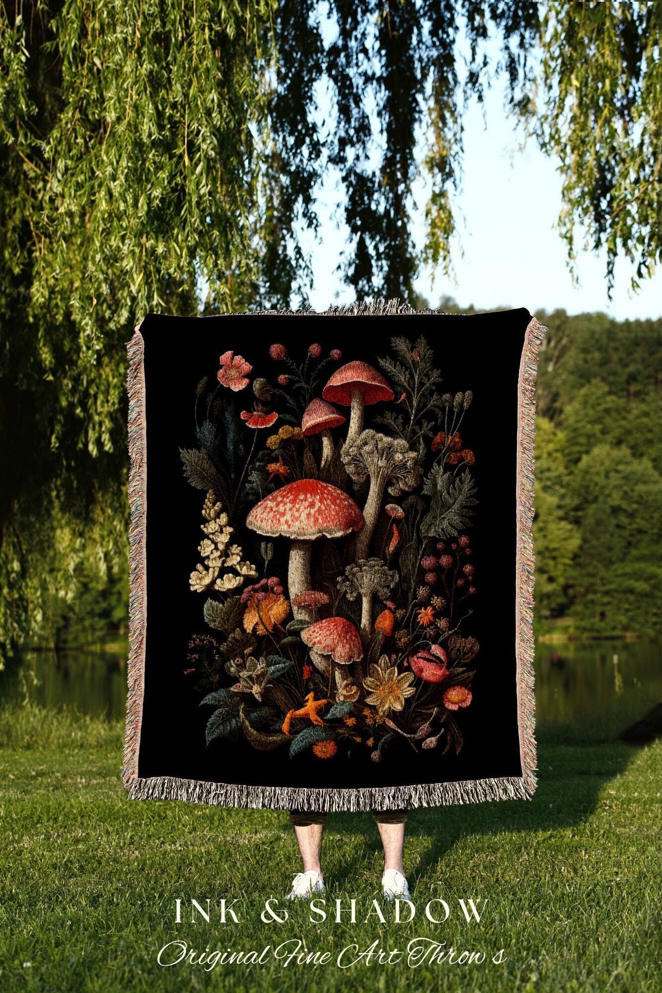 Mushroom Blanket Woven Wall Hanging | Vintage Mushroom Painting Tapestry Woven | Baroque Decor Witch Aesthetic Mushroom Tapestry Cottagecore