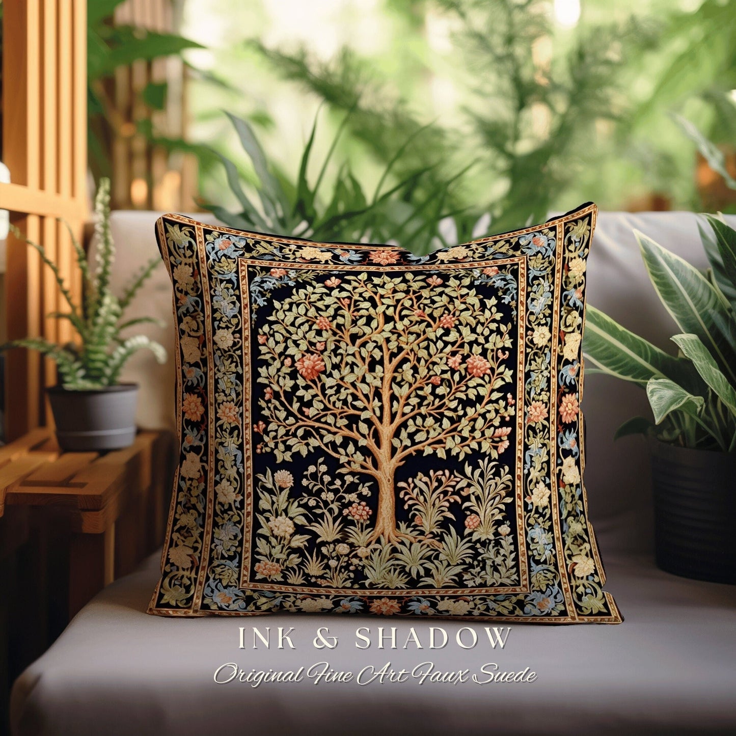 Tree of Life Pillow Ornate | William Morris Inspired Accent Pillow Cushion Woven Medieval Aesthetic Pastel Danish Renaissance Room Decor |